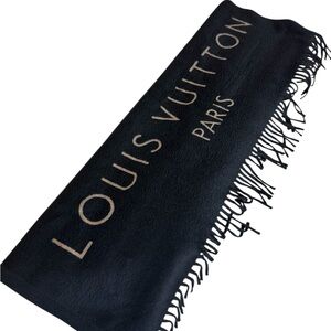 Louis Vuitton Black and Gold 100% Cashmere Large Logo Shawl Wrap Stole Auth